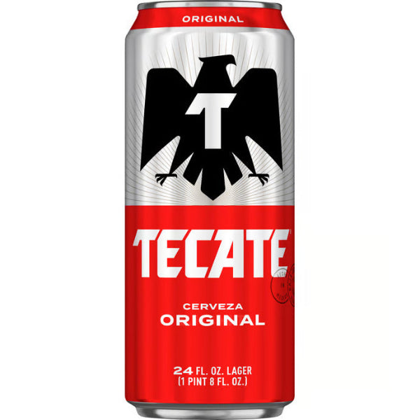 Tecate beer can with red and silver design on a white background