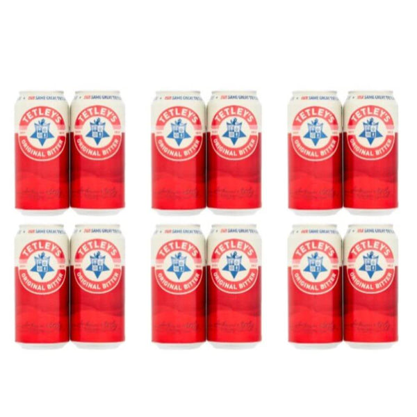 Multiple cans of Tetley's Original Bitter on a white background