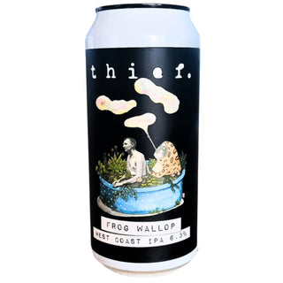 Beer can with artistic design and text on a white background