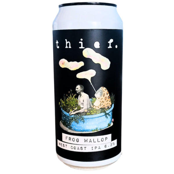 Beer can with artistic design and text on a white background