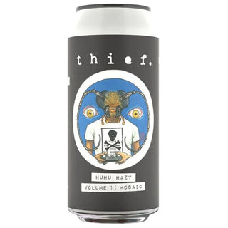 Cylindrical can with 'thief.' branding and graphic design on a white background
