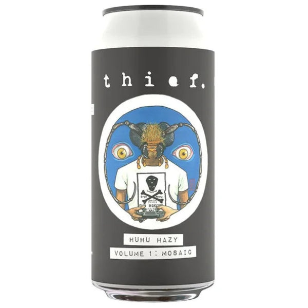 Cylindrical can with 'thief.' branding and graphic design on a white background