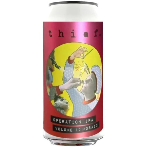 Beer can with a colorful label featuring artistic design on a white background