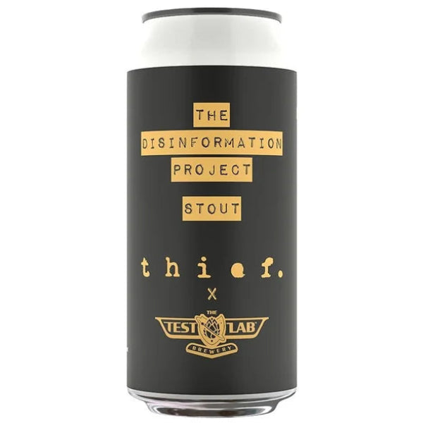 Black can with gold text and branding on a white background