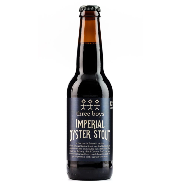 Bottle of three boys Imperial Oyster Stout on a white background