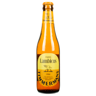 Lambic beer bottle with Timmermans branding on a white background