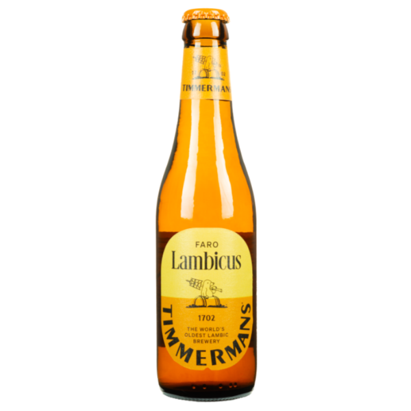 Lambic beer bottle with Timmermans branding on a white background