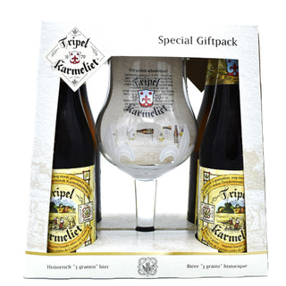 Tripel Karmeliet special gift pack with two bottles and a glass in a box.