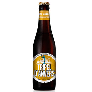A bottle of Tripel d'Anvers beer with a label showing the name of the beer and the brewery's logo.