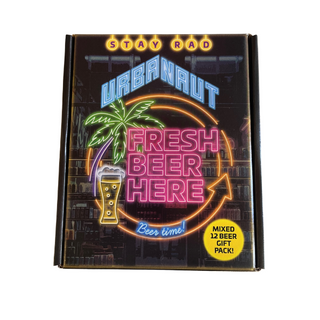 Packaging for Urbanaut beer with neon-style text and graphics on a black background