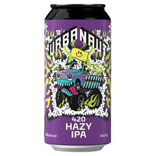 Purple can of 420 Hazy IPA with cartoon character on a green and purple 'New Release' pattern background