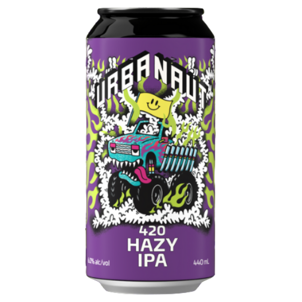 Purple can of 420 Hazy IPA with cartoon character on a green and purple 'New Release' pattern background