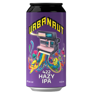 Purple can of Urbanaut 422 Hazy IPA with colorful design and text.