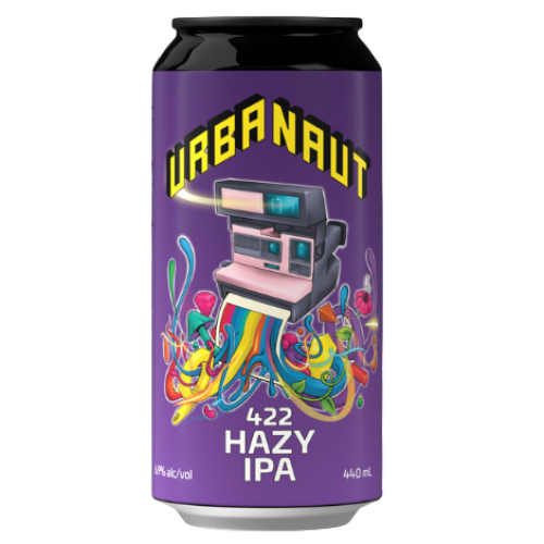 Purple can of Urbanaut 422 Hazy IPA with colorful design and text.