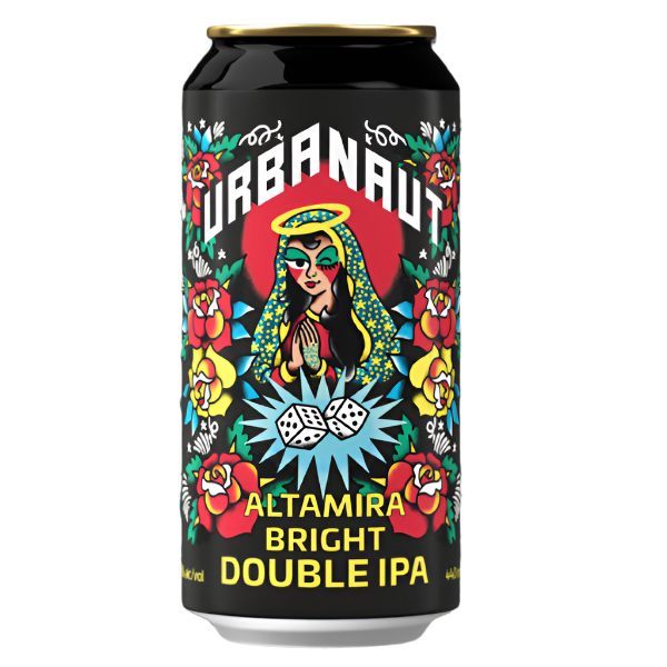 Beer can with colorful design and text on a background with 'New Release' text.