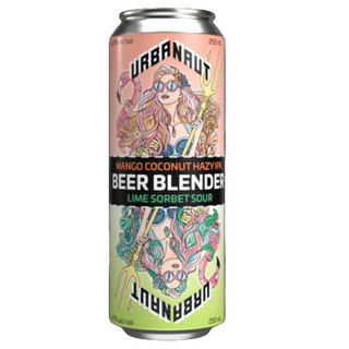 Beer can with colorful design and text on a patterned background