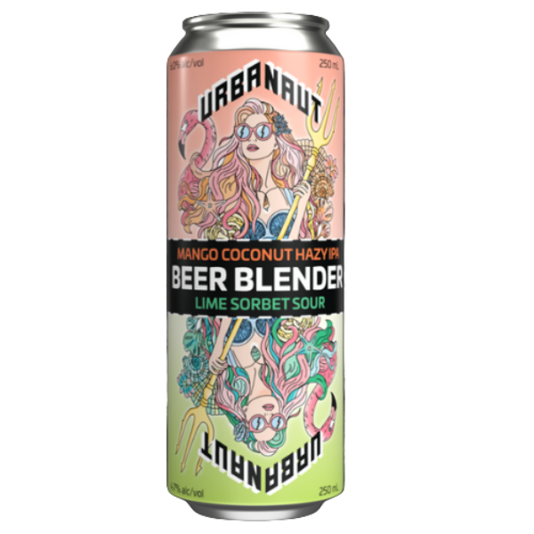 Beer can with colorful design and text on a patterned background