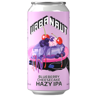 Can of Uba Naut Blueberry Cheesecake Hazy IPA on a pink background with 'New Release' text.