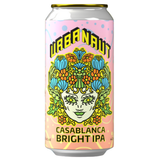 Can of Casablanca Bright IPA with colorful design on a yellow background with 'New Release' text.
