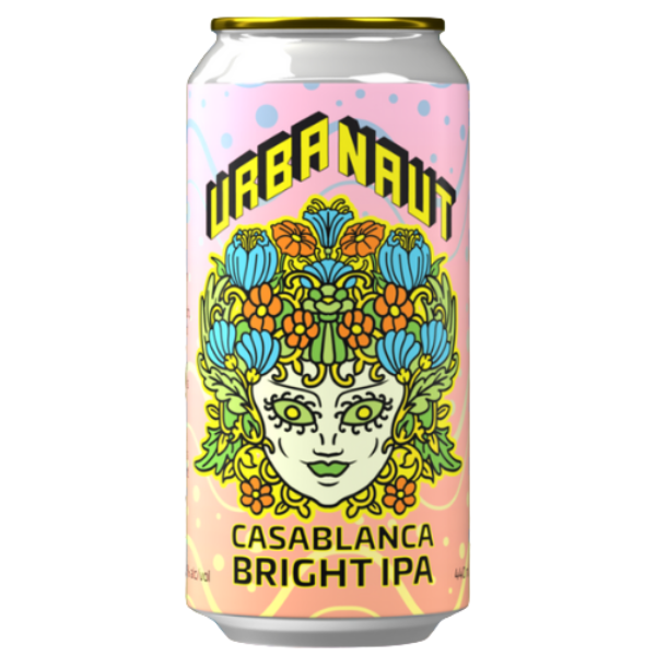 Can of Casablanca Bright IPA with colorful design on a yellow background with 'New Release' text.