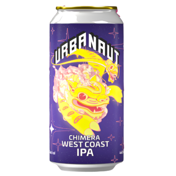 Urbanaut Chimera West Coast IPA can on a pink background with 'New Release' text.