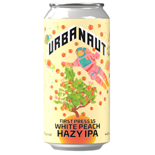Can of Urbanaut White Peach Hazy IPA on a pink background with 'New Release' text.