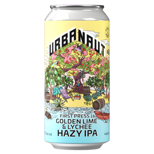 Can of Urban Aut beer with colorful label on a white background