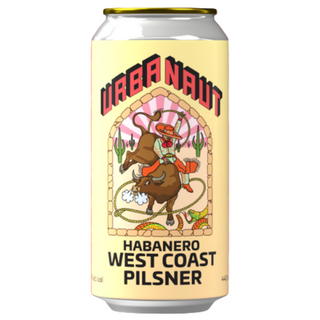 Cans of Habanero West Coast Pilsner with a cowboy and bull design on a pink background with 'New Release' text.