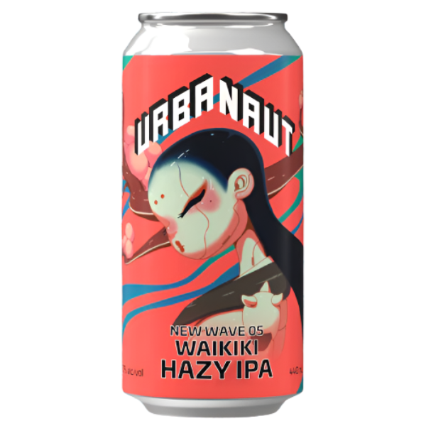 Can of WabaNaut Waikiki Hazy IPA with colorful design on a white background