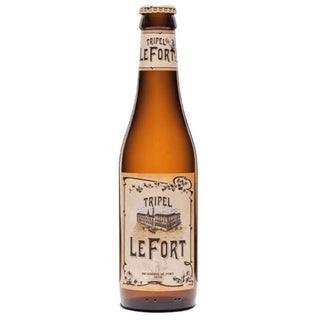 A bottle of Vander Ghinste Brasserie LeFort Tripel beer with a label that has historical building illustrations and the text 'TRIPLE FORT'.