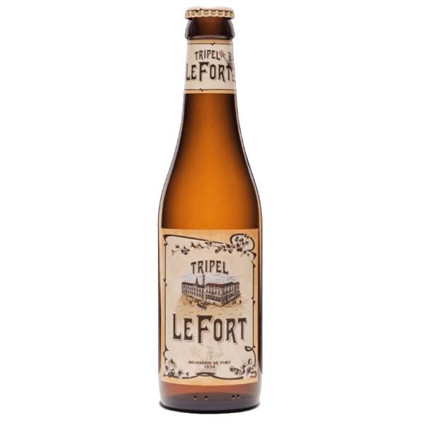 A bottle of Vander Ghinste Brasserie LeFort Tripel beer with a label that has historical building illustrations and the text 'TRIPLE FORT'.