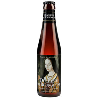 A bottle of Verhaeghe Duchesse De Bourgogne beer with a label featuring a historical portrait illustration.