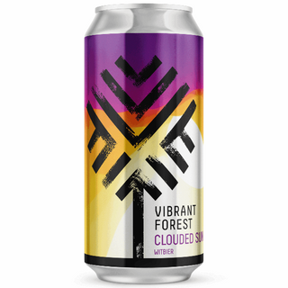 Beer can with colorful label on a white background
