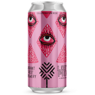Pink beer can with eye design and Lost Pie Brewing logo on a white background