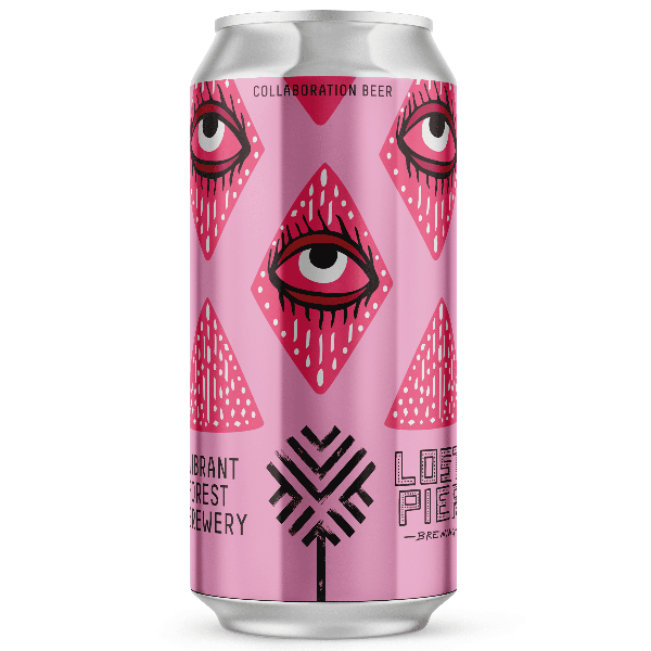 Pink beer can with eye design and Lost Pie Brewing logo on a white background