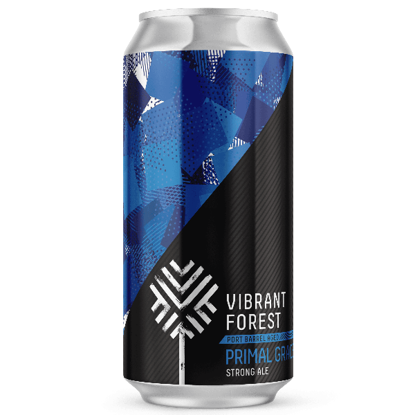 Beer can with blue and black design on a white background