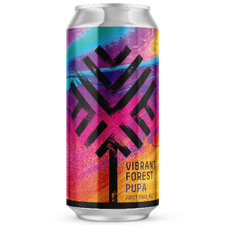 Beer can with colorful label and black text on a white background