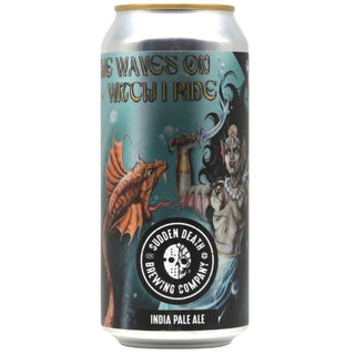 Beer can with artistic design and text on a white background