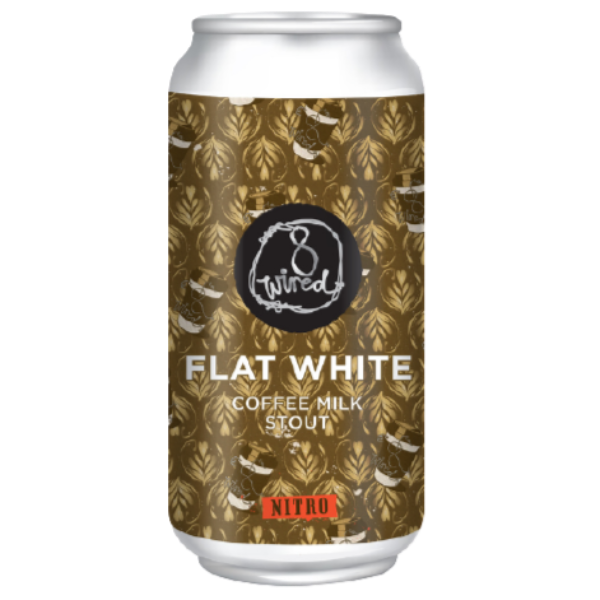 Can of Flat White Coffee Milk Stout with a gold leaf pattern on a white background