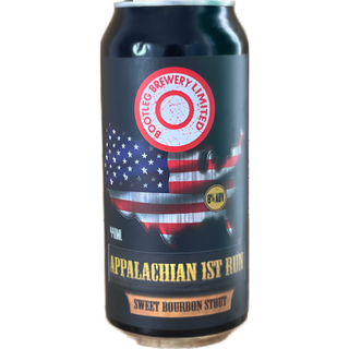 A can of Bootleg Appalachian 1st Run Sweet Bourbon Stout with an American flag design.