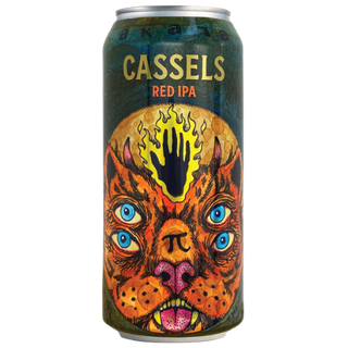 Cassels Red IPA can with a colorful animal design on a white background