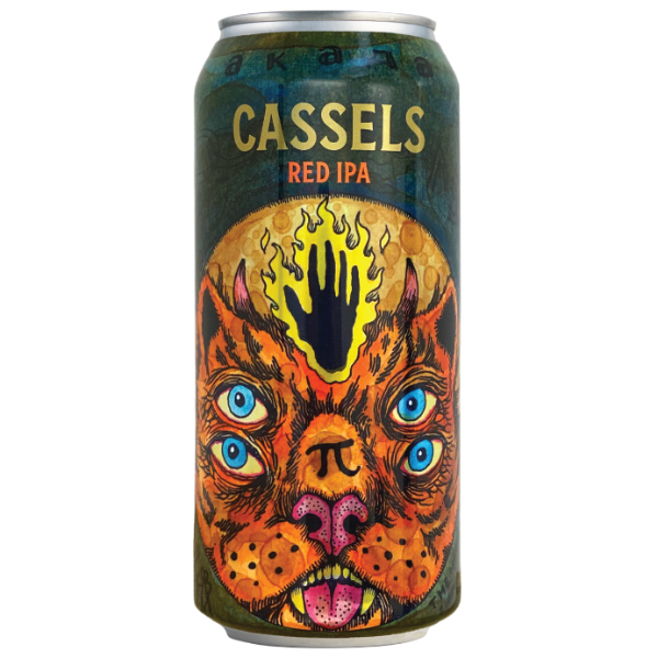 Cassels Red IPA can with a colorful animal design on a white background
