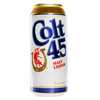 A can of Colt 45 Malt Liquor with a blue and gold label.