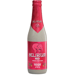 A bottle of Delirium Red Strong Fruit Beer with a deep dark red liquid visible through the transparent glass. The label shows the brand and the text 'Belgium' indicating the origin.