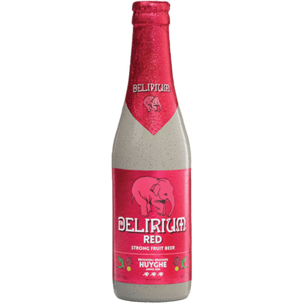 A bottle of Delirium Red Strong Fruit Beer with a deep dark red liquid visible through the transparent glass. The label shows the brand and the text 'Belgium' indicating the origin.