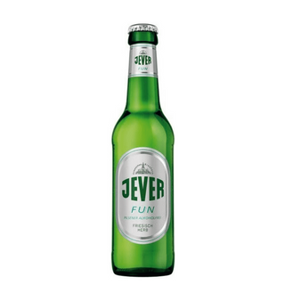 A bottle of Jever Fun Alcohol Free Beer with a label showing the brand and product name.