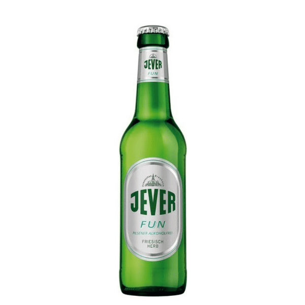 A bottle of Jever Fun Alcohol Free Beer with a label showing the brand and product name.