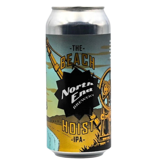 A can of North End Beach Hoist IPA with an illustration of a lighthouse, beach, and wheat fields.