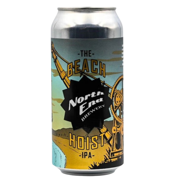A can of North End Beach Hoist IPA with an illustration of a lighthouse, beach, and wheat fields.