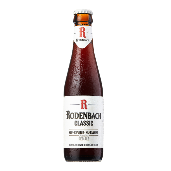 A bottle of Rodenbach Classic red-brown ale with a label that includes the brand name and 'Classic' designation, indicating it is a Flemish red-brown ale with 5.2% ABV.